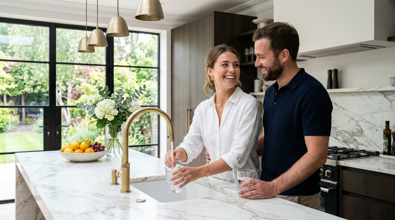 Happy couple in luxury kitchen pouring pure alkaline water
